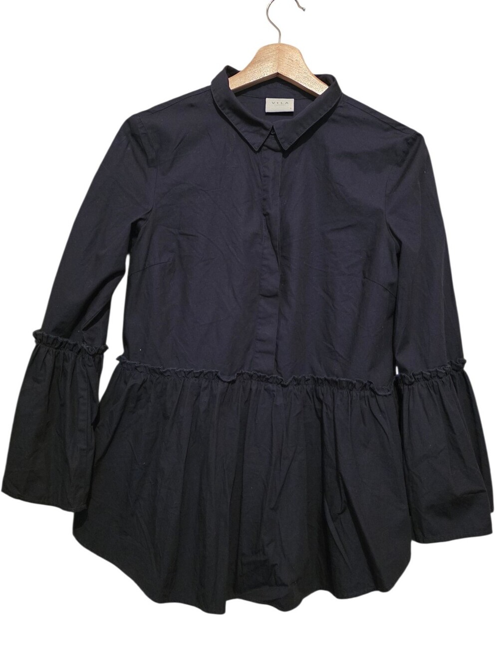 Vila Black Button-Up Drop Peplum Waist 3/4 Bell Sleeve Cotton Blouse Sz S EUC